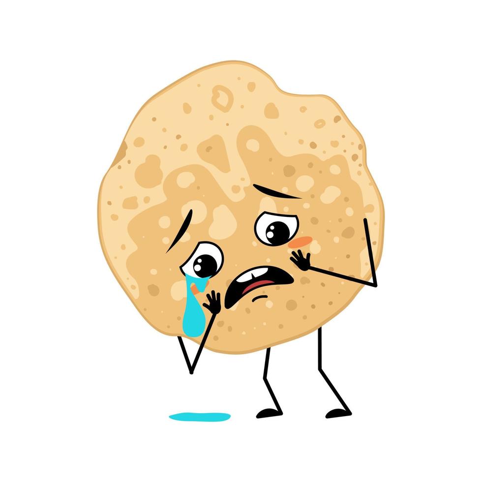Pancake character with crying and tears emotion, sad face, depressive eyes. Baking person, homemade pastry with melancholy expression. Food emoticon for carnival or Maslenitsa vector