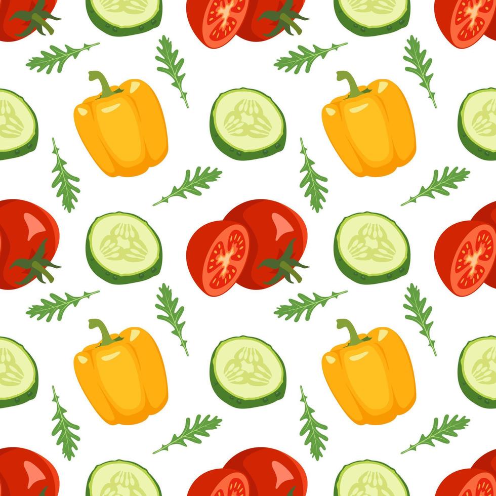 patrón de verduras sin fisuras con tomate, pepino, hojas de rúcula y pimienta sobre fondo blanco. Impresión de alimentos veganos saludables para textiles, papel y diseños. ilustración plana vectorial vector