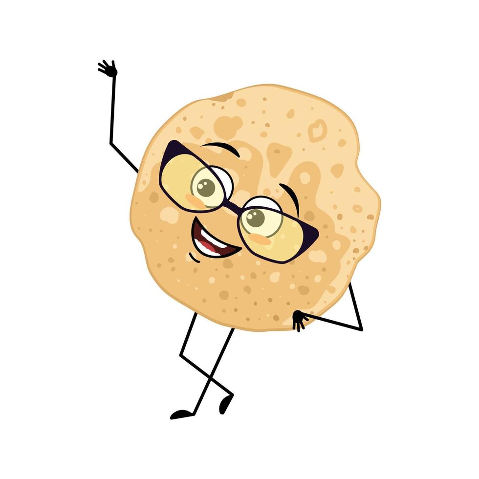 Pancake character with glasses and happy emotion, joyful face, smile eyes, arms and legs. Baking person, homemade pastry with funny expression. Food emoticon for carnival or Maslenitsa vector