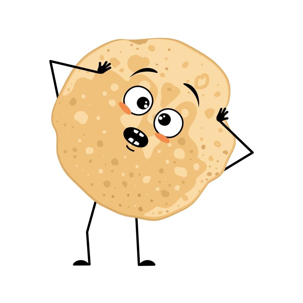 Pancake character with emotions in panic grabs his head, surprised face, shocked eyes, arms and legs. Baking person, homemade pastry with scared expression. Food emoticon for carnival or Maslenitsa vector