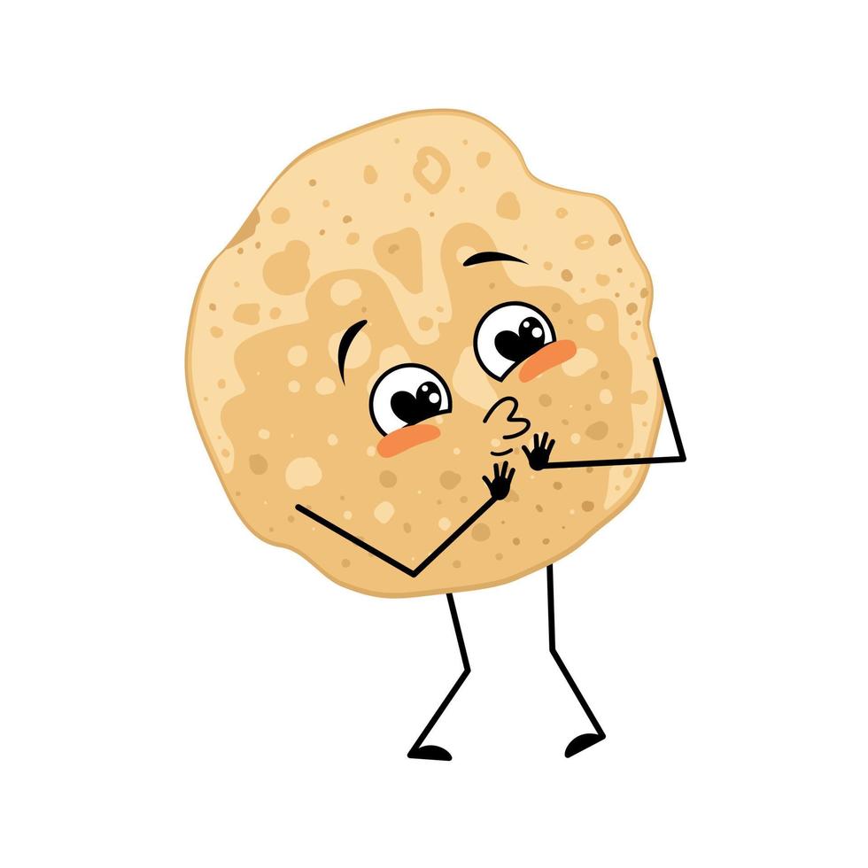 personaje de panqueques con emociones de amor, cara de sonrisa, brazos y piernas. persona para hornear, pastelería casera con expresión divertida. emoticono de comida para carnaval o maslenitsa. ilustración vectorial vector