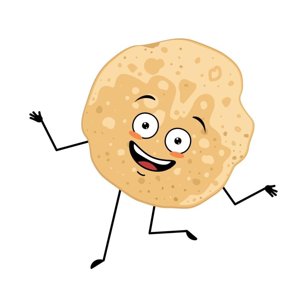 personaje de panqueques con loca emoción feliz, cara alegre, brazos y piernas bailando. persona para hornear, pastelería casera con expresión divertida. emoticono de comida para carnaval o maslenitsa. ilustración vectorial vector