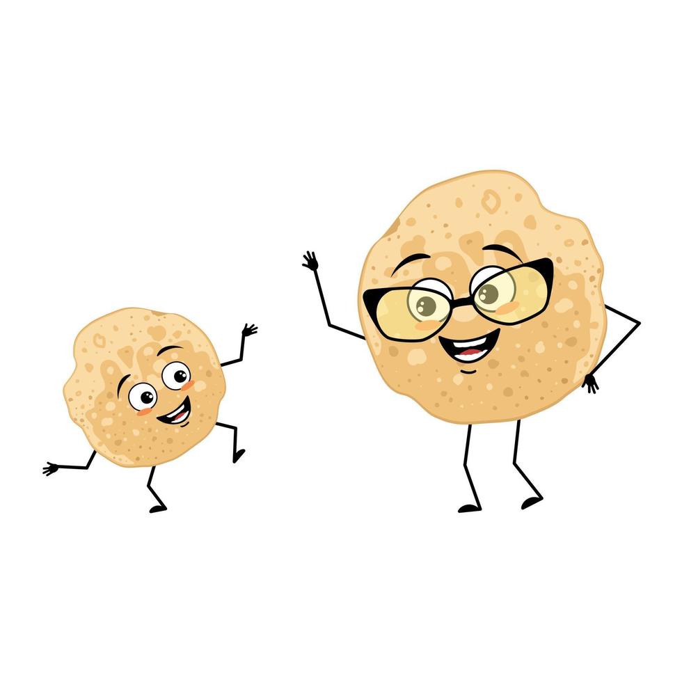 Pancake grandmother with glasses and grandson dancing character with happy emotion, joyful face, smile eyes, arms and legs. Vector flat illustration