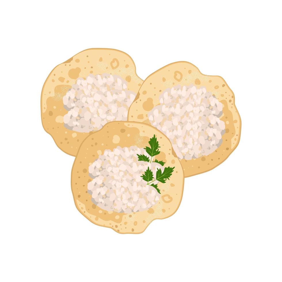Pancake, delicious homemade pastry with cottage cheese and parsley for breakfast, Maslenitsa, carnival or holiday. Vector flat food illustration
