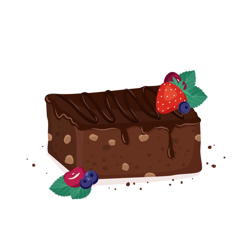 Sweet brownie dessert with flowing chocolate, nuts and berries. Delicious piece of cake, baking for birthday, party and holiday. Vector flat illustration