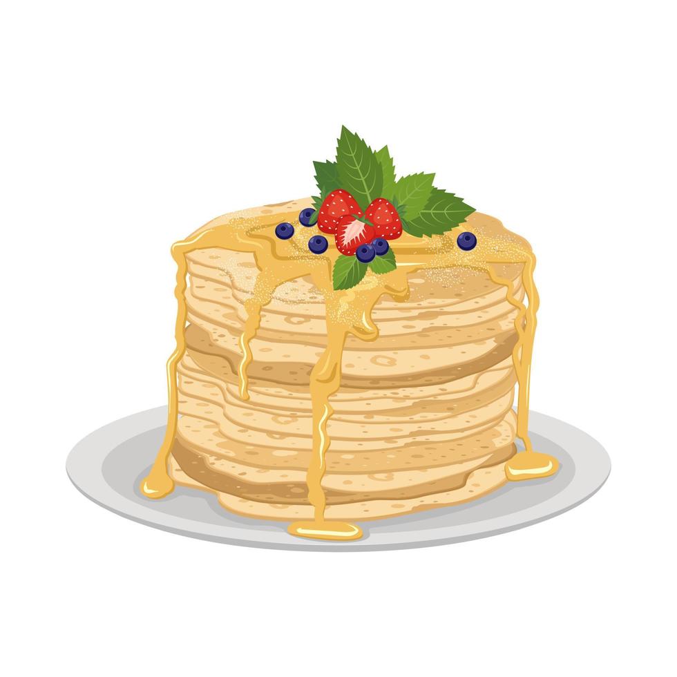 panqueques finos en un plato con bayas dulces y miel. plato festivo para maslenitsa, carnaval y carnaval. deliciosos pasteles. ilustración plana vectorial vector