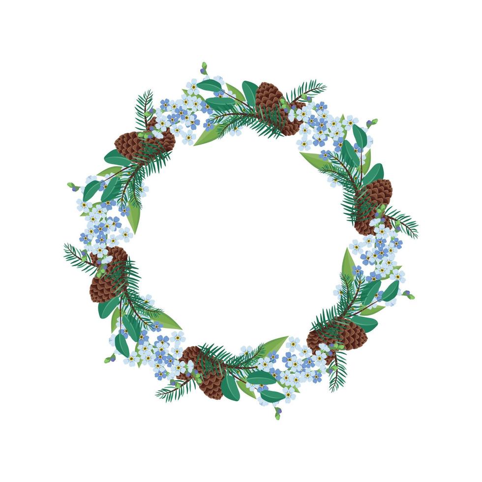 Wreath of small blue forget me not flowers with spruce needles and cones. Spring flowering composition or frame with leaves. Festive decoration for wedding, holiday and postcard. Vector illustration