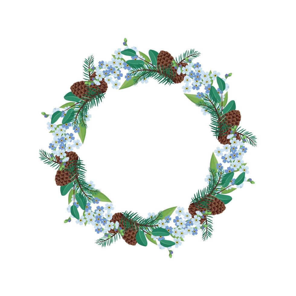 Wreath of small blue forget me not flowers with spruce needles and cones. Spring flowering composition or frame with leaves. Festive decoration for wedding, holiday and postcard. Vector illustration