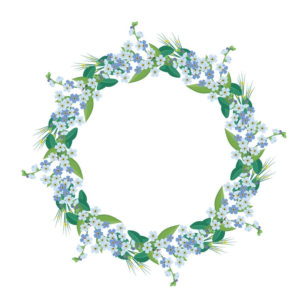 Round wreath of small blue forget me not flowers. Frame with spring blooming composition with buds and leaves. Festive decoration for wedding, holiday, postcard and design. Vector flat illustration