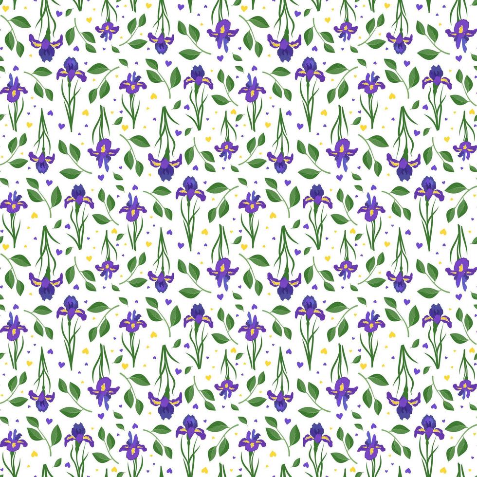 Cute seamless pattern of iris flowers. Bright spring and summer print with green leaves and hearts. Holiday decorations. Vector flat illustration