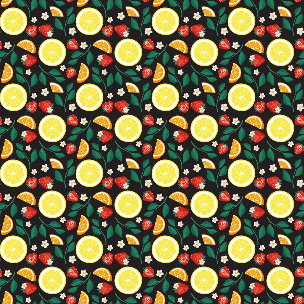 Seamless bright spring and summer pattern with orange, lemon and strawberry with leaves on dark background. Print of citrus fruits and berries. Vector flat illustration of healthy food