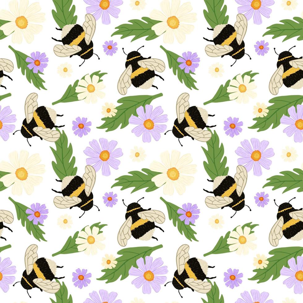 Cute bumblebee on meadow seamless pattern. Summer background of bee and flowers. vector