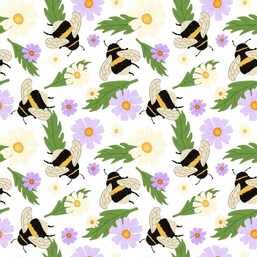 Cute bumblebee on meadow seamless pattern. Summer background of bee and flowers. vector