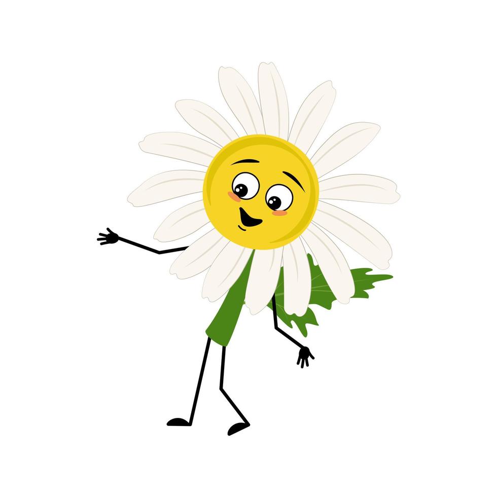 personaje de manzanilla con emoción feliz, cara alegre, ojos sonrientes, brazos y piernas. persona con expresión divertida, héroe de la flor de la margarita. ilustración plana vectorial vector