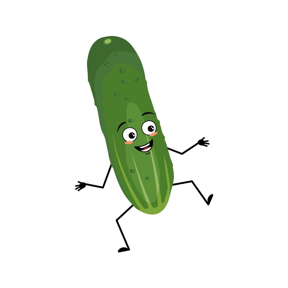 Cucumber character with happy emotion, joyful face, smile eyes, arms and legs. Person with expression, green vegetable or emoticon. Vector flat illustration