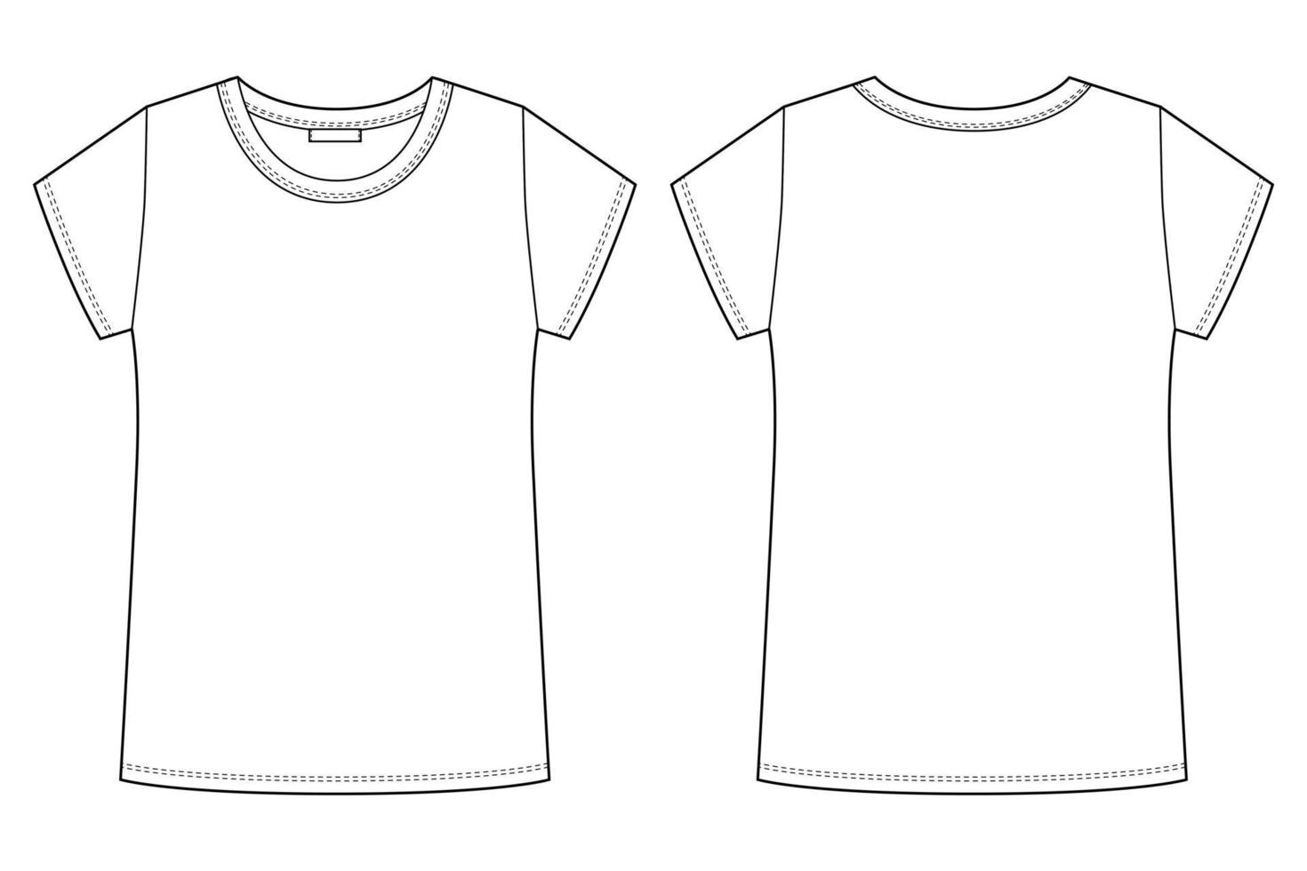 dibujo técnico camiseta femenina. plantilla en blanco de diseño de contorno de camiseta. camiseta de manga corta. vector