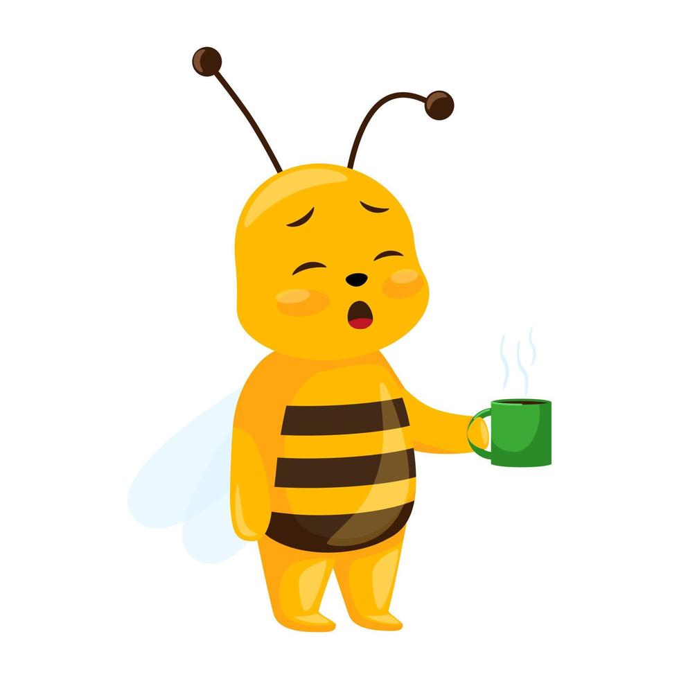 Cute bee yawning isolated on white background. Sleepy cartoon character drink coffee. vector