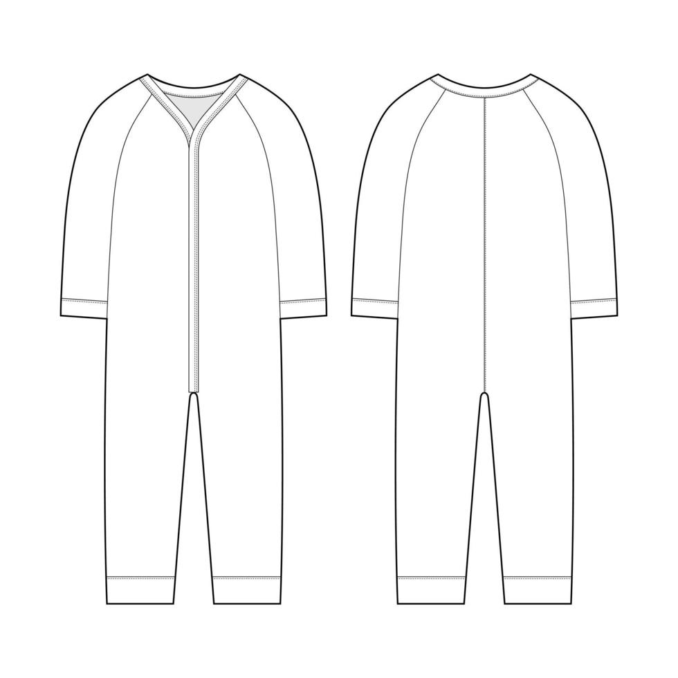 Onesie with a long sleeves. Infant romper. Baby body wear mock up. Children bodysuit. Technical sketch. vector