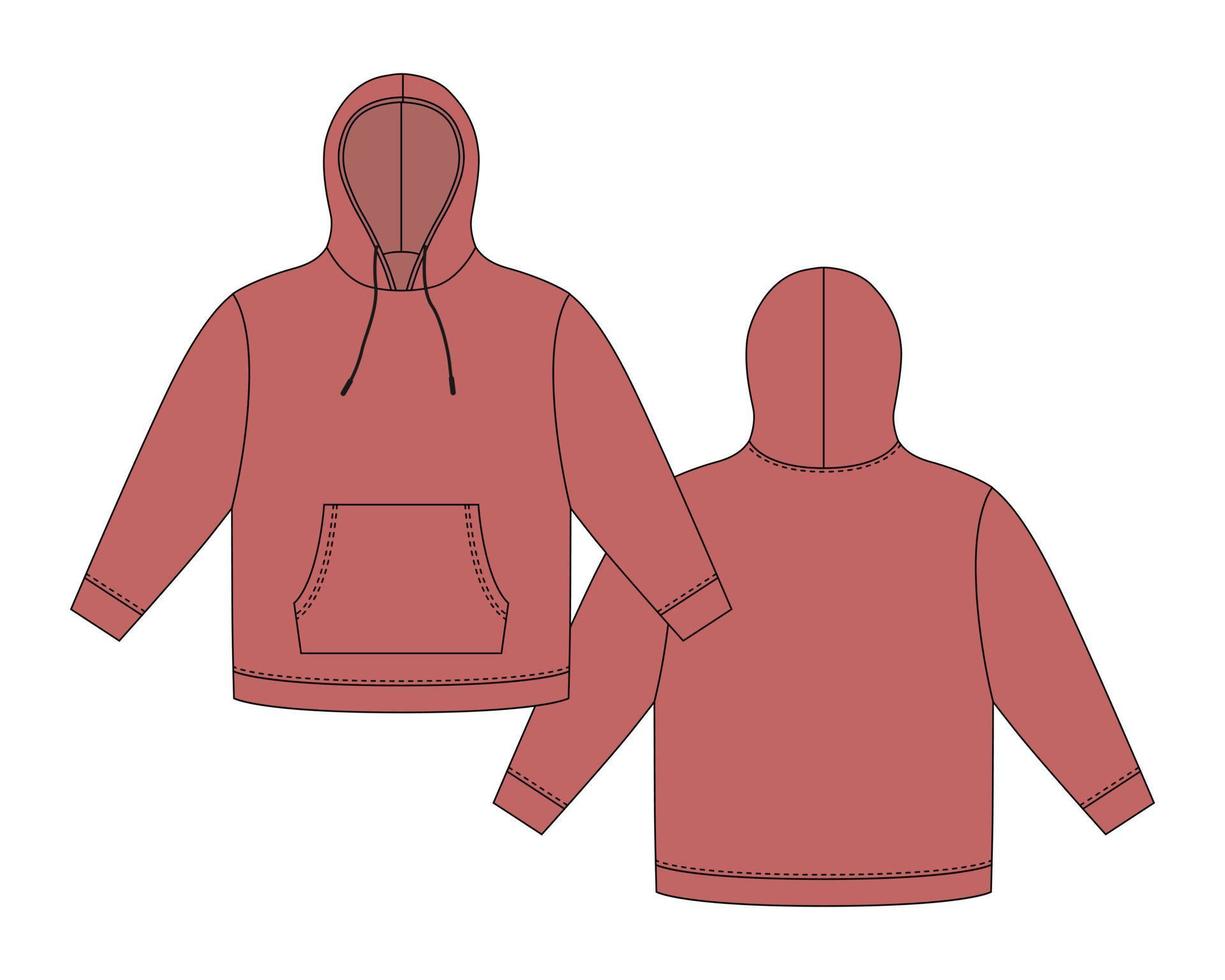 plantilla de sudadera con capucha. maqueta de boceto técnico de ropa con capucha. color rojo. sudadera con capucha, bolsillos. vector