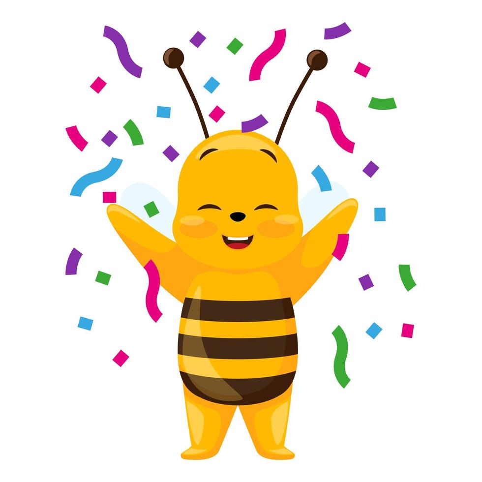 Cute bee on party isolated on white background. Smiling cartoon character happy in confetti. vector