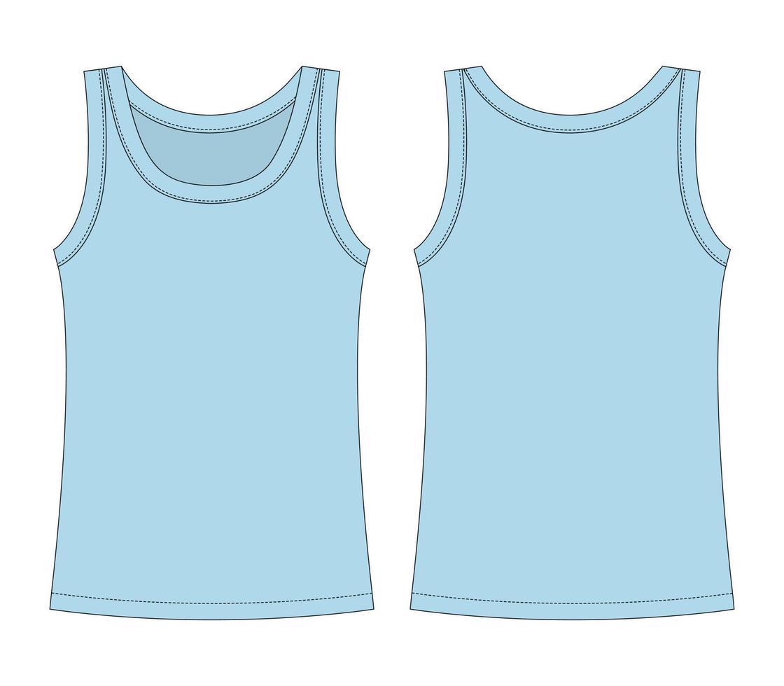 Sleeveless tank top technical sketch. Children girl outline t shirt underwear. Blue color. vector
