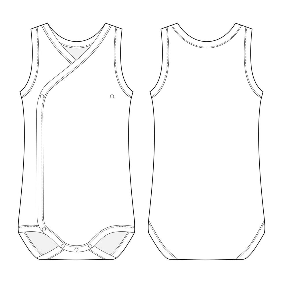 Onesie with a crossover neckline. Baby sleeveless body wear mockup. Infant tank top technical sketch. vector