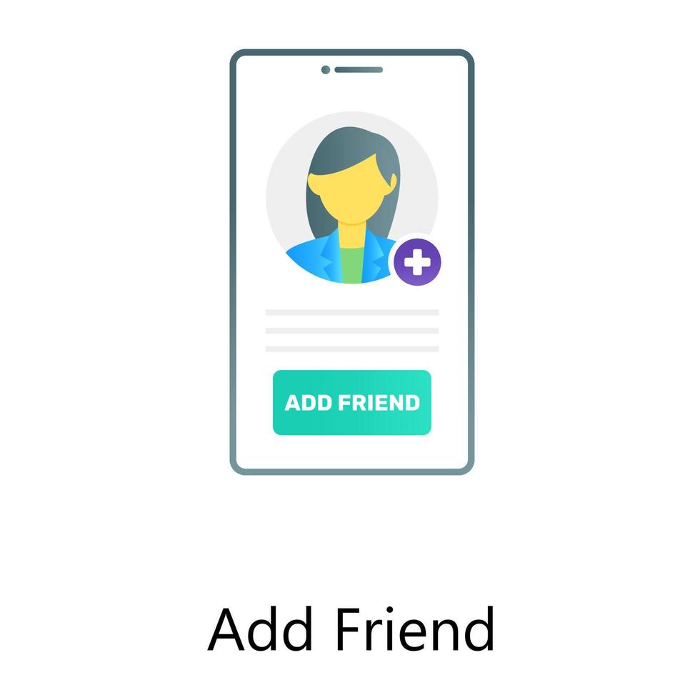 Plus with female inside mobile, flat gradient conceptual icon of add friend vector