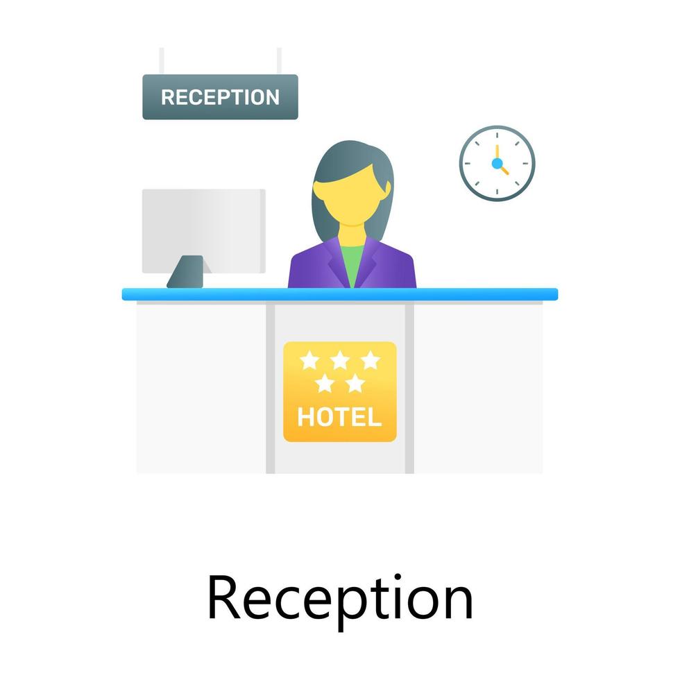 Reception flat gradient vector showing receptionist, service assistant