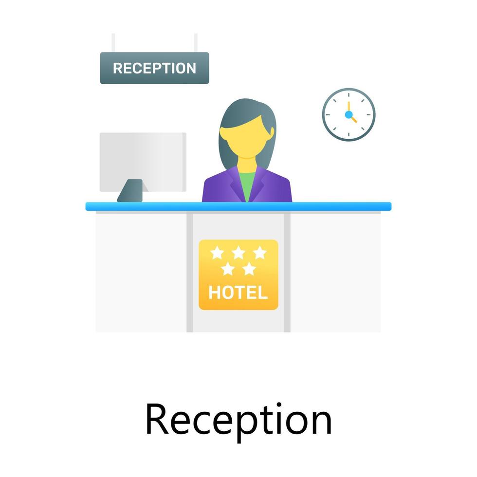 vector de gradiente plano de recepción que muestra recepcionista, asistente de servicio