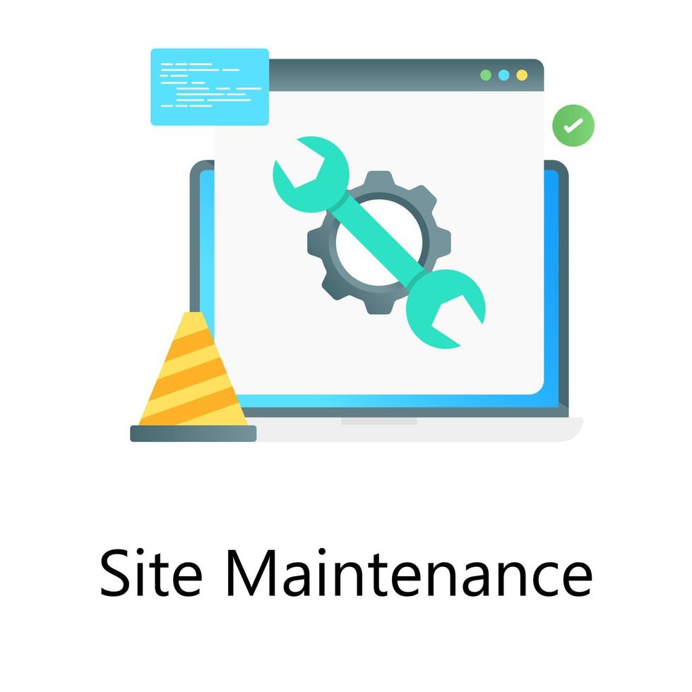 ruedas dentadas de servicio y cono de tráfico dentro del sitio web, vector de gradiente de mantenimiento del sitio