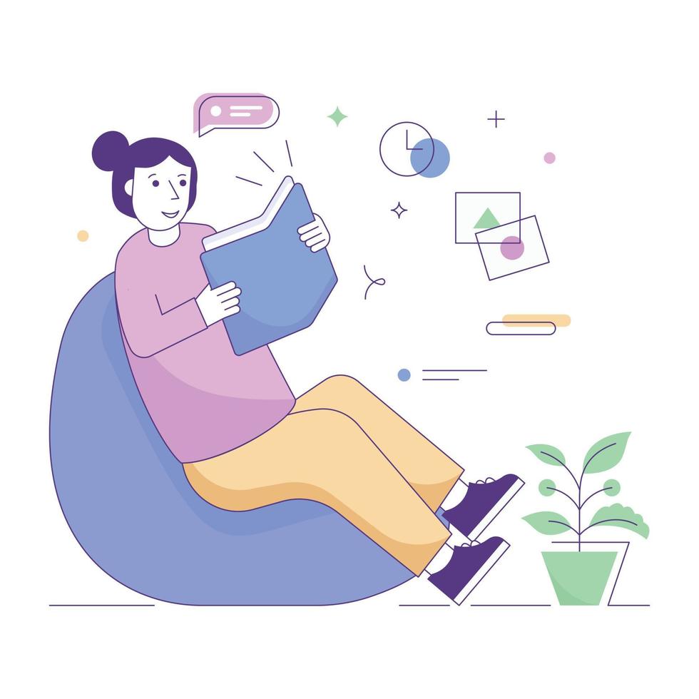 Female doing book reading, illustration of study vector