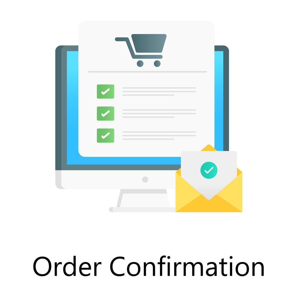 Shopping cart inside pc with tick mark, online order confirmation vector in gradient style