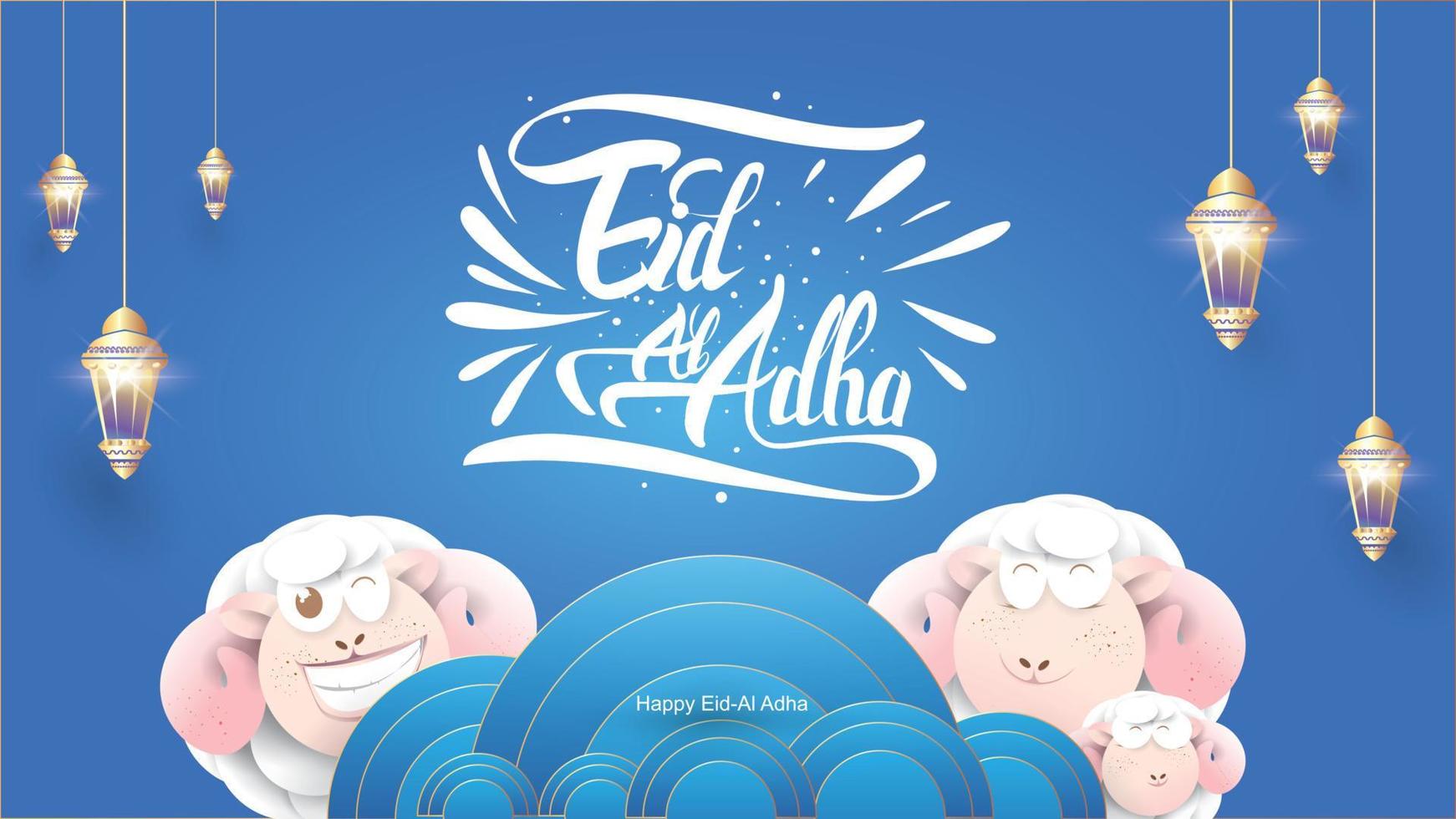 fiesta musulmana eid al-adha. el sacrificio de una oveja carnero. Hermoso diseño de letras manuscritas de texto para póster gráfico, tarjeta de felicitación, etc. Ilustración de vector de saludo