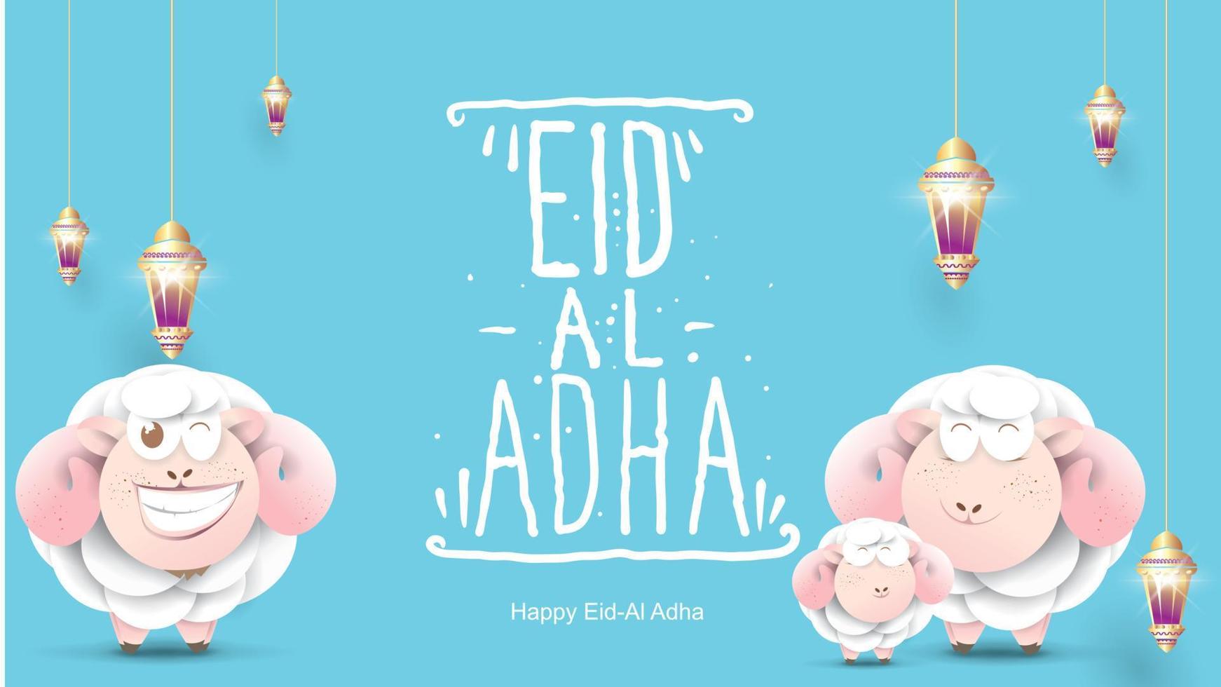 fiesta musulmana eid al-adha. el sacrificio de una oveja carnero. Hermoso diseño de letras manuscritas de texto para póster gráfico, tarjeta de felicitación, etc. Ilustración de vector de saludo