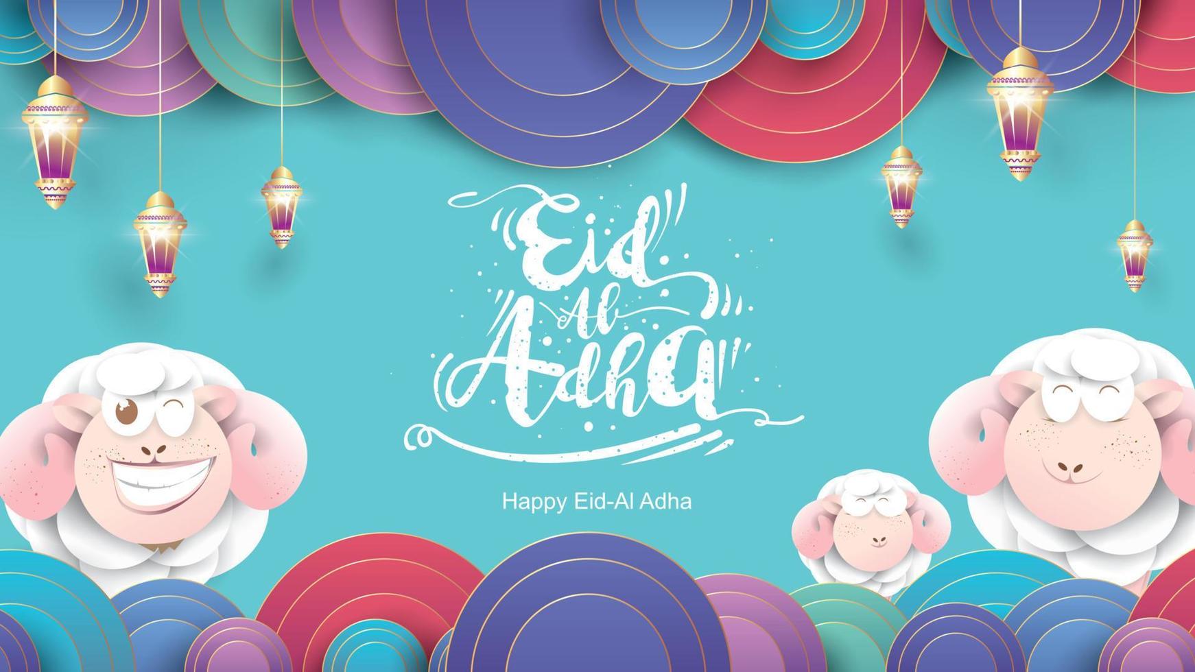 fiesta musulmana eid al-adha. el sacrificio de una oveja carnero. Hermoso diseño de letras manuscritas de texto para póster gráfico, tarjeta de felicitación, etc. Ilustración de vector de saludo