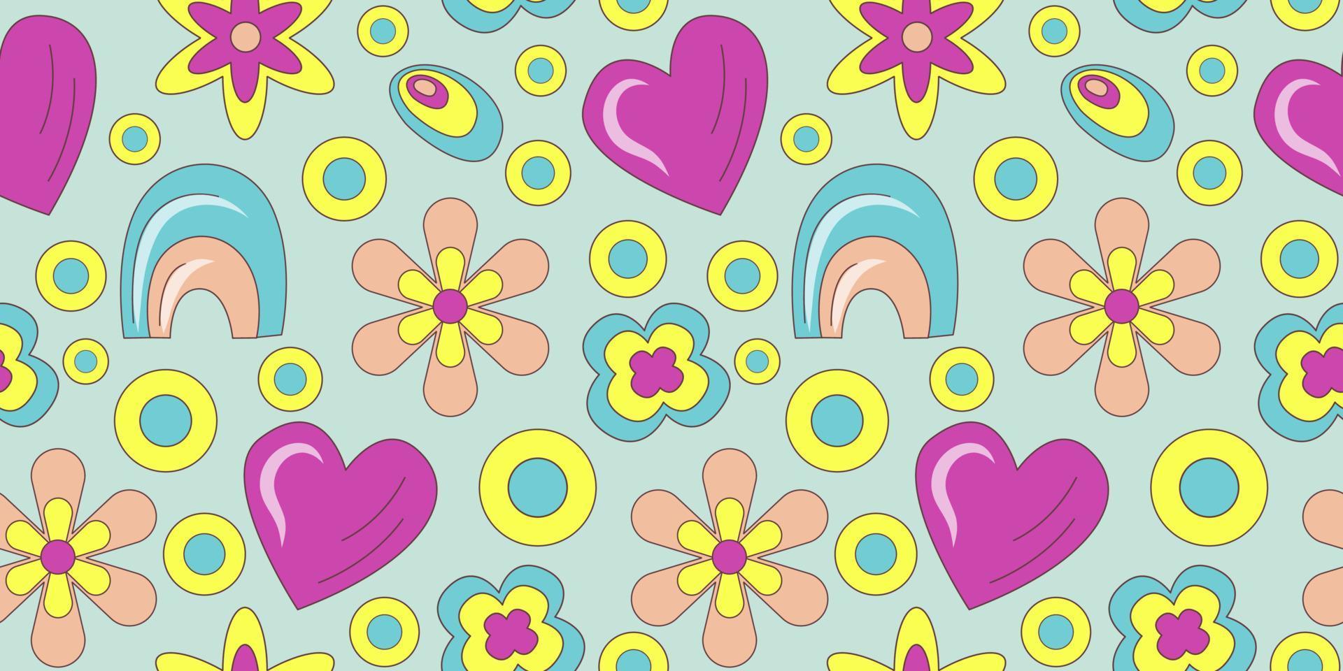 Groovy pattern in doodle style on colorful background. 70s retro floral seamless pattern with heart and rainbow. Simple vector groovy illustration