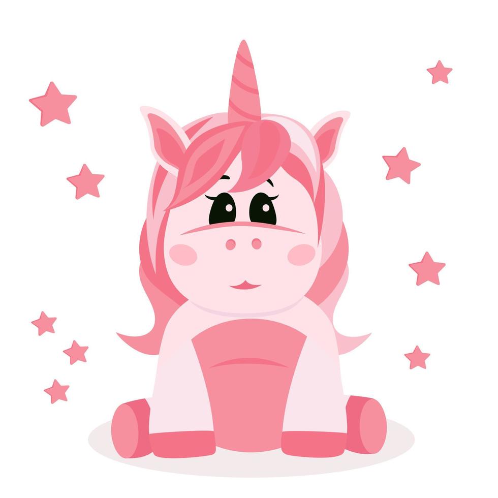 pequeño unicornio rosa con estrellas sobre fondo blanco. vector