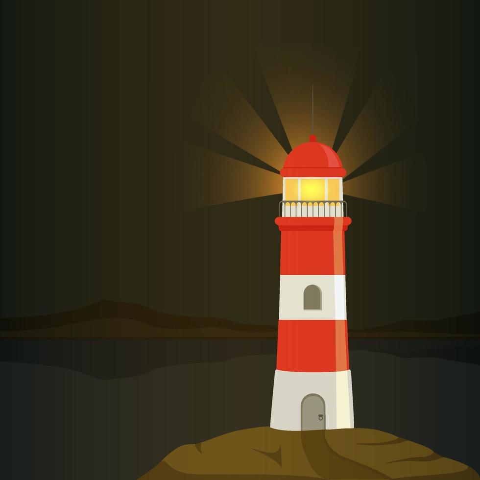 ilustración de un faro en la noche. vector