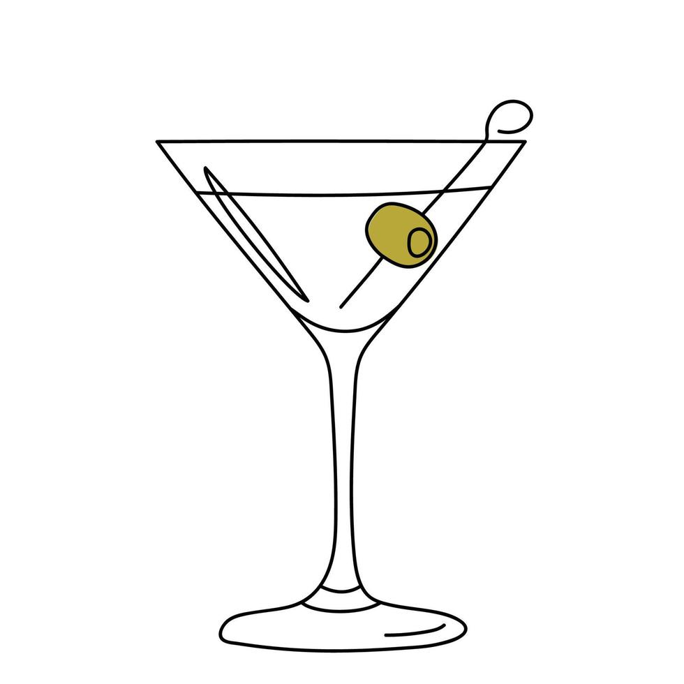 Hand drawn glass of martini with olive. vector