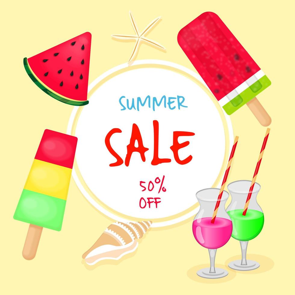 Summer sale poster with discount, cute design, tropics, lollipop, watermelon,shell, drinks, editable text and summer elements on colorful background for store promotion, vector