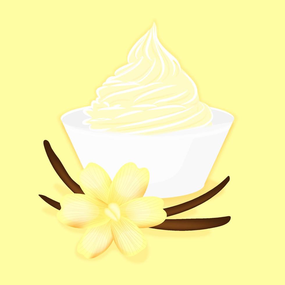 vainilla realista, dulce flor fresca fragante, vainilla con crema de vainilla en una taza, sabor delicado, concepto culinario, ilustración vectorial vector