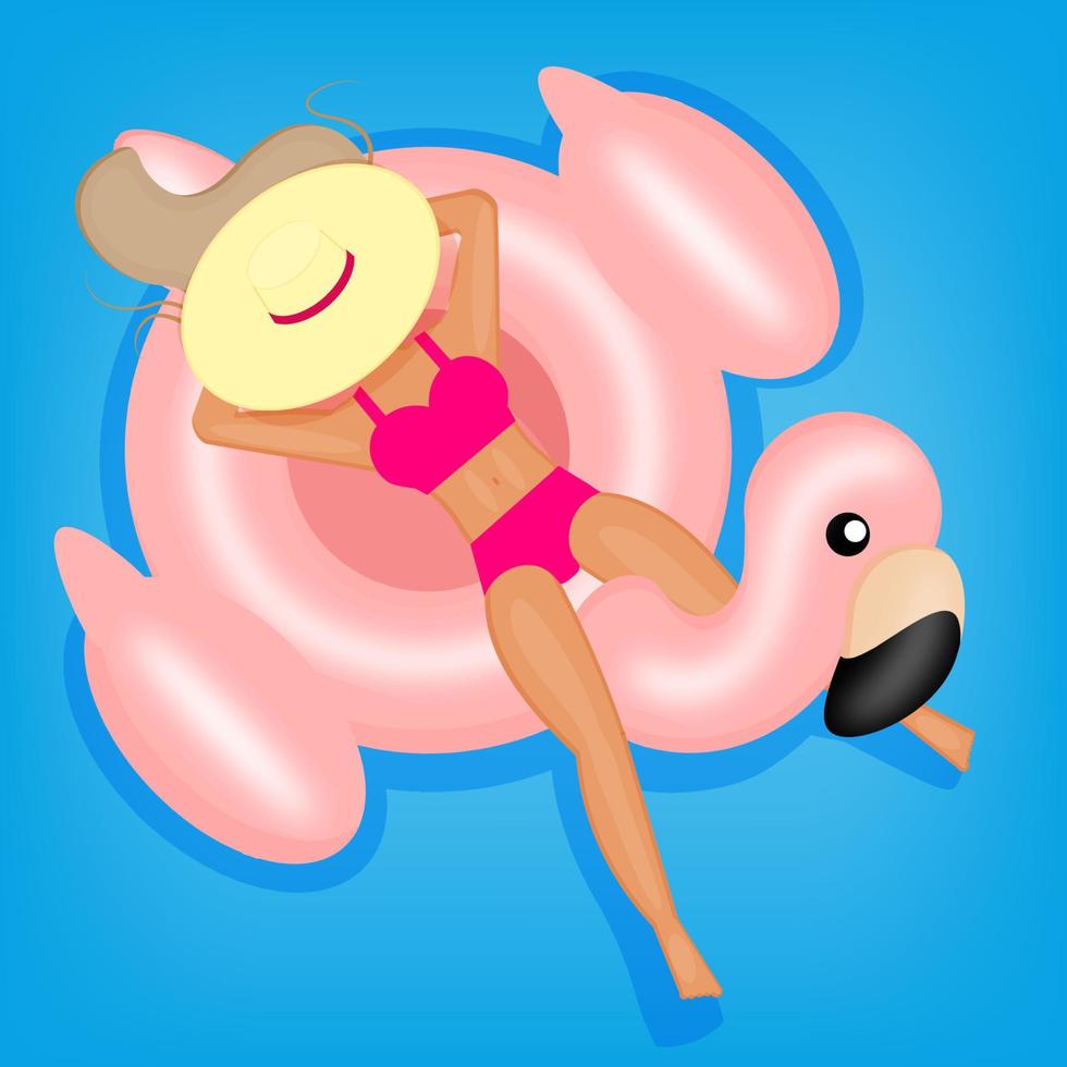 The girl is young, swims on an inflatable flamingo, in a hat, View from the top, in a turquoise pool on vacation, vector illustration.