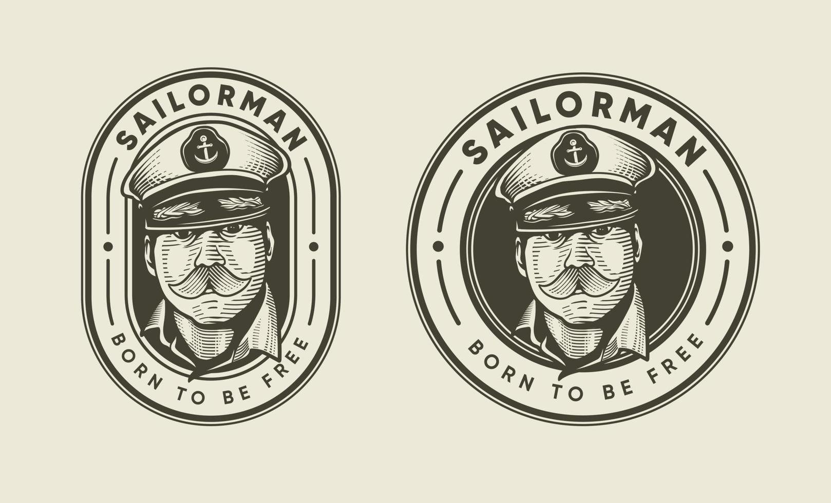 Old sailorman with mustache and hat. Engraving vintage classic retro logo badge vector