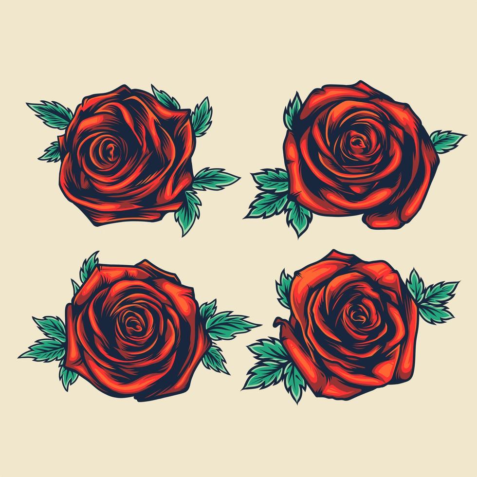 Set of red roses with green leaves vector