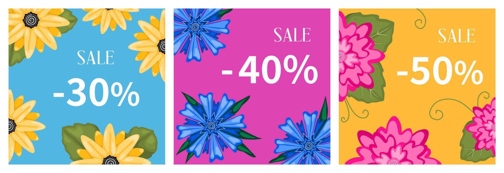 Sale banners with flowers and 30, 40, 50 percent discount. May be used for ads, promotions, websites, magazines. Vector illustration.