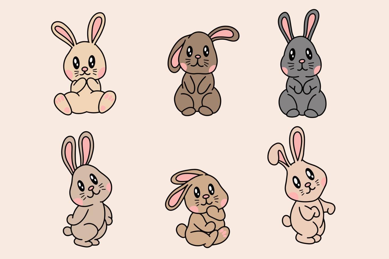 Set Collection Cute Rabbit Bunny pose face ears Flat art animals doodles vector