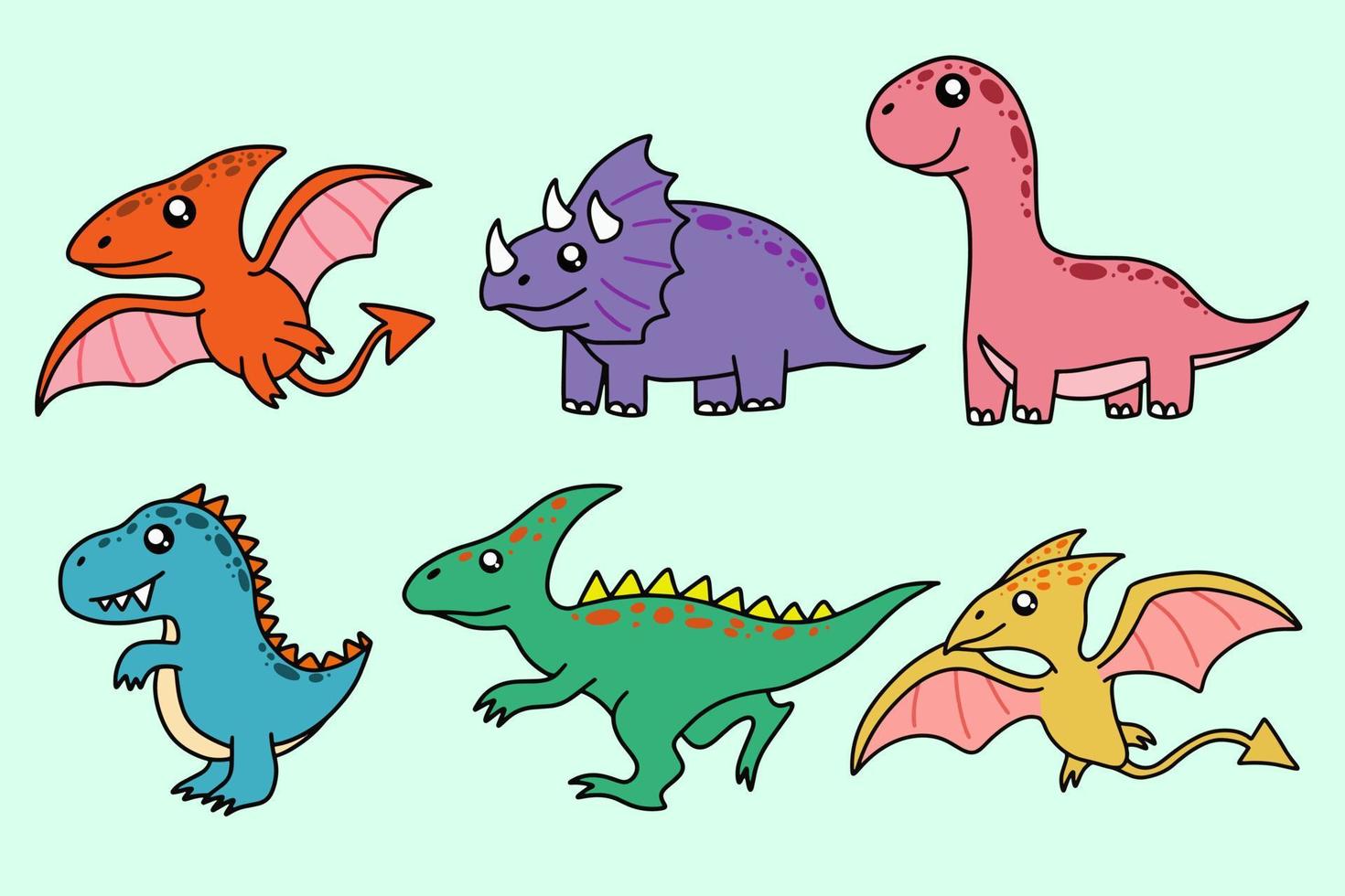 conjunto colección lindo dinosaurios fósil dibujos animados garabato personaje dibujado a mano línea plana arte vector