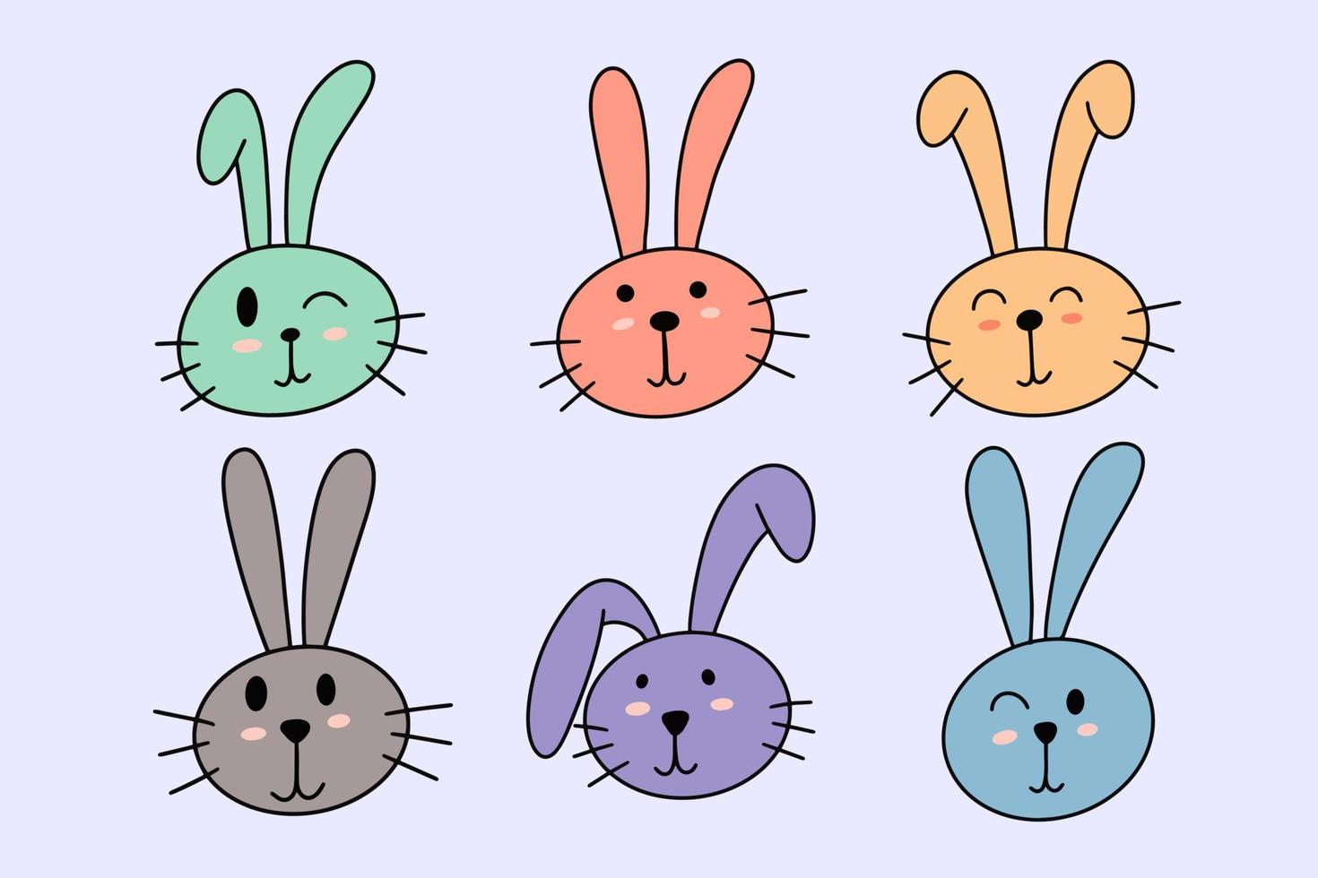 Set Collection Cute Rabbit Bunny pose face ears Flat art animals doodles vector