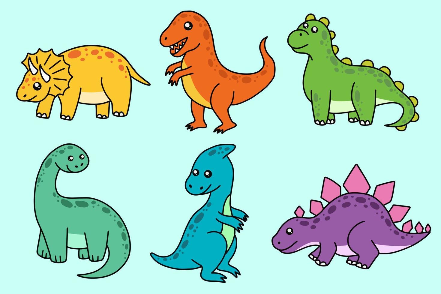 Set Collection Cute Dinosaurs Fossil cartoon doodle character Hand drawn flat line art vector