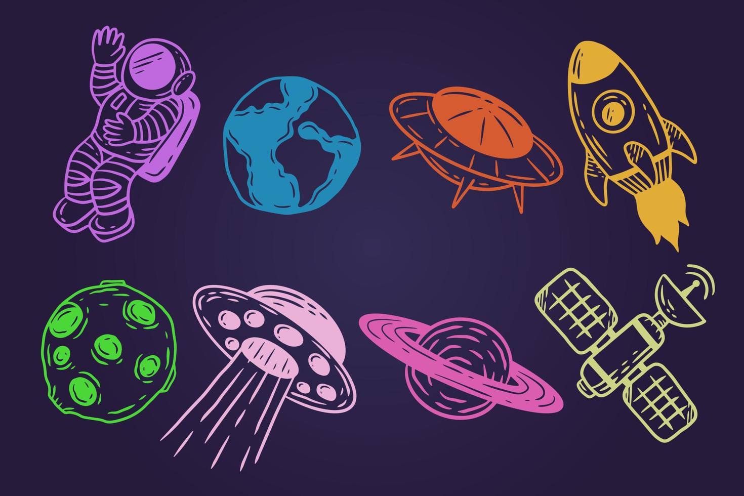 conjunto colección espacio planetario galaxia planetas dibujos animados astronauta dibujado a mano colorido garabato arte plano vector